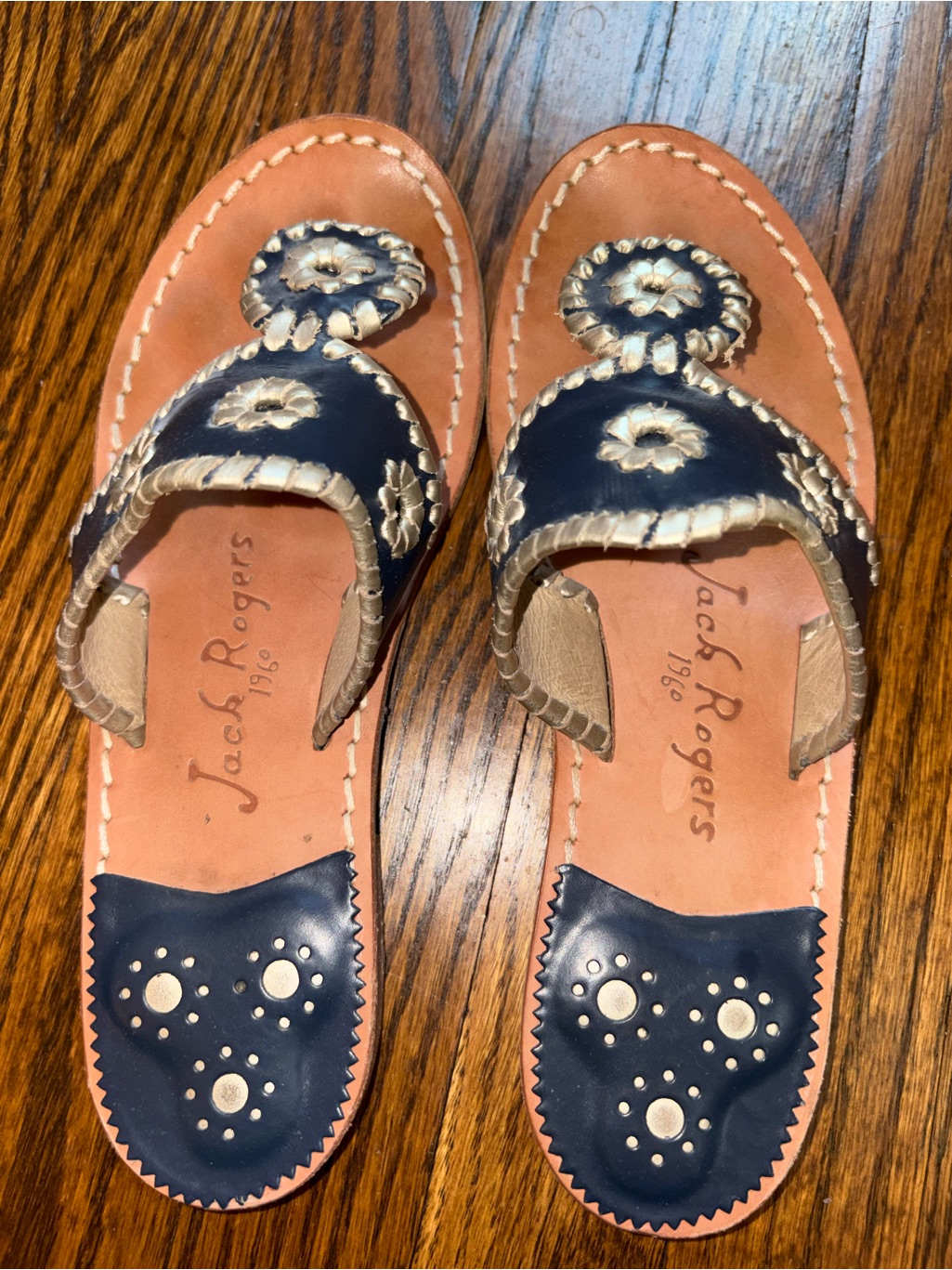 Jack Rogers Navy And Tan Whipstitched Leather Sandals With Medallions